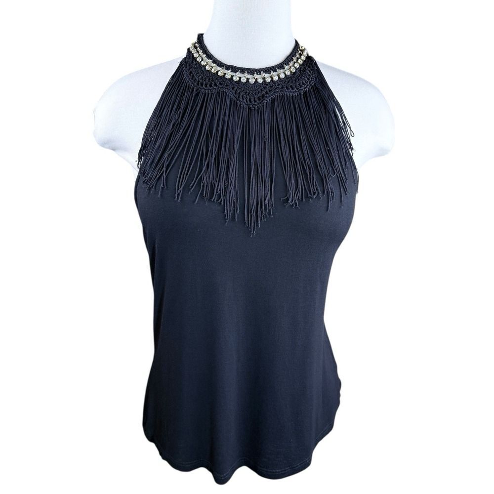 Mauve‎ Black Fringe Crochet Rhinestone Halter Top M Whimsy Goth Boho Chic